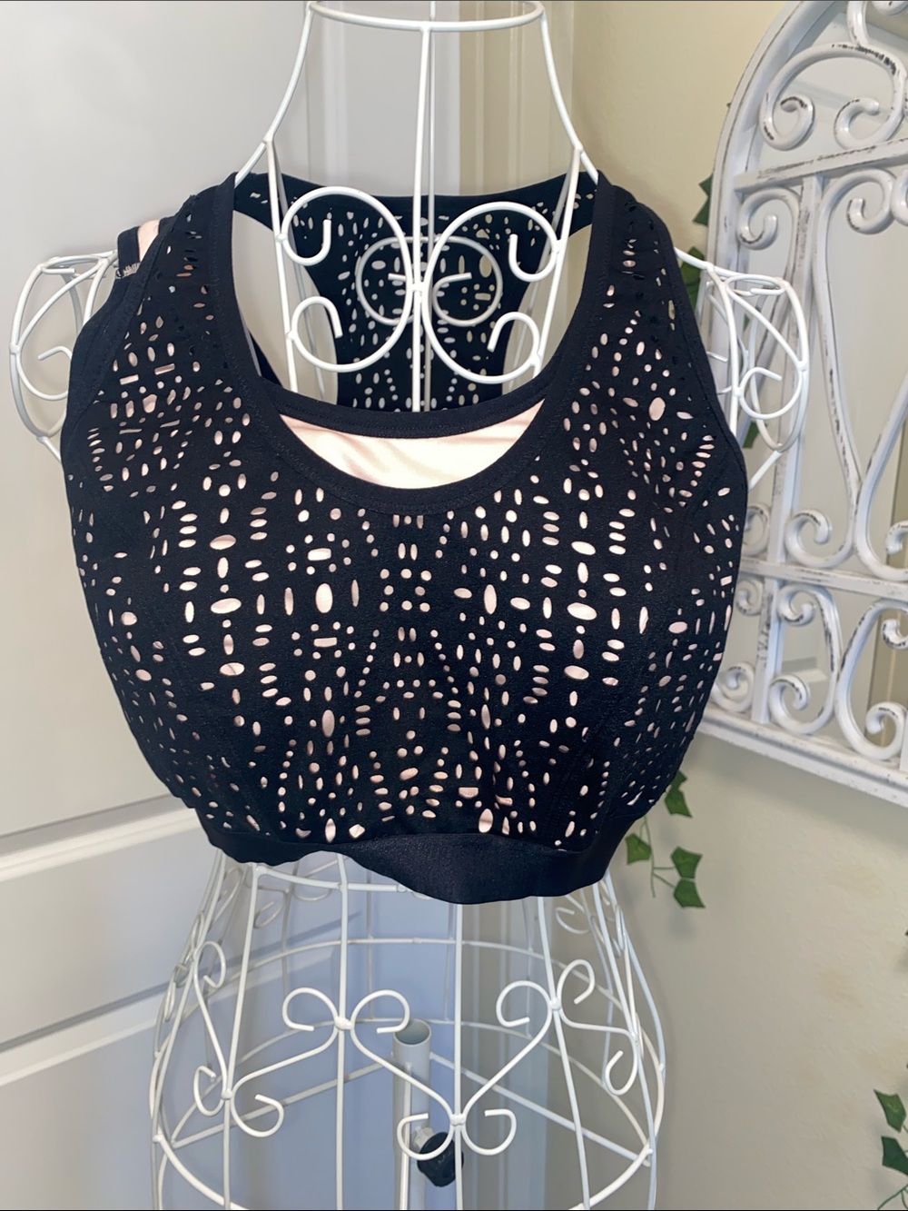 Livi Active Black Laser-Cut Scoop Neck Bodysuit with Nude Lining